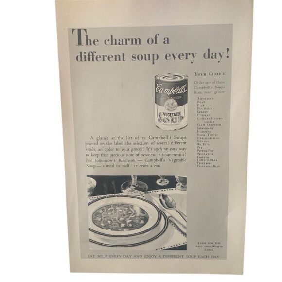 Vintage 1929 Campbell’s Vegetable Soup Charm of Soup Ad Advertisement - Picture 1 of 4